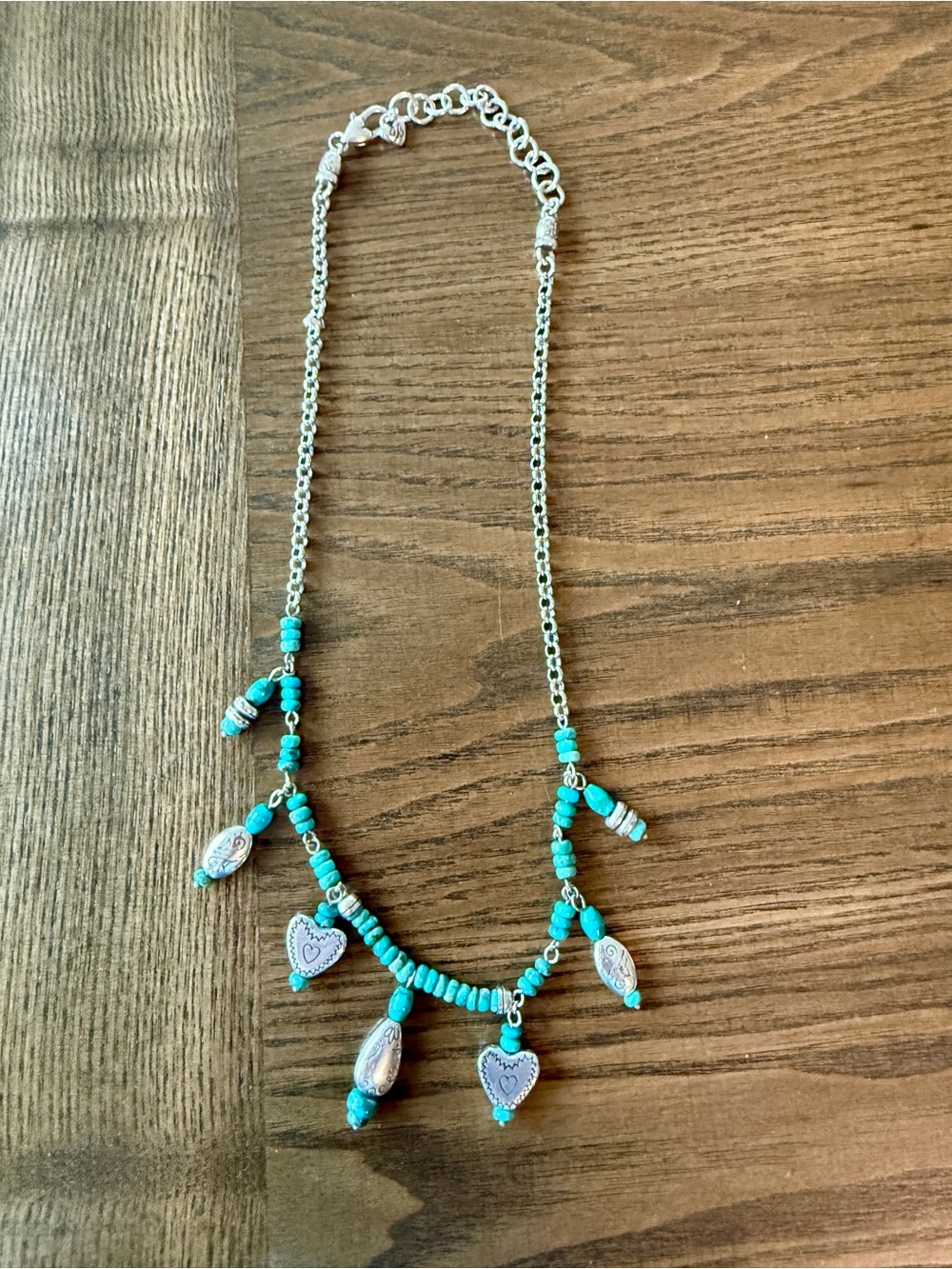 Brighton Turquoise Bead Necklace with Silver Heart and Teardrop Charms